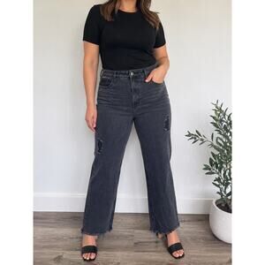 Lucky & Blessed Black Wash Denim High Rise Distressed Frayed Hem Jeans Size 14
